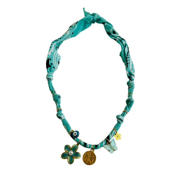 Bandana Necklace <br/> Aqua Green <br/> Palm Tree Medal