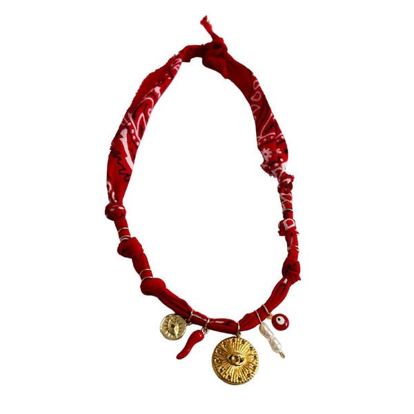 Bandana Necklace <br/> Red <br/> Cabochon Eye Medal