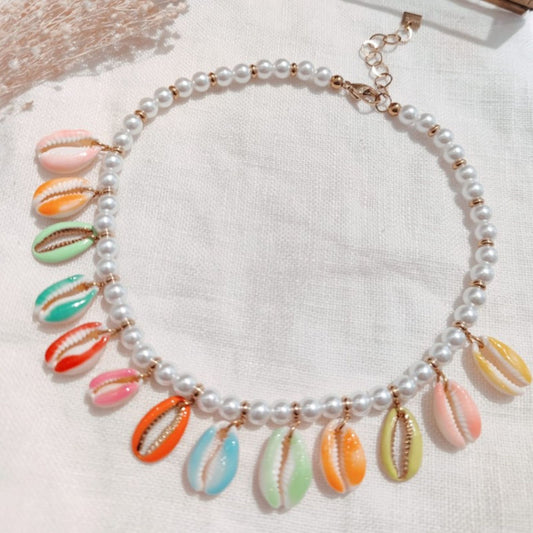 Gold Multi Colored Shell <br/> Bead Necklace