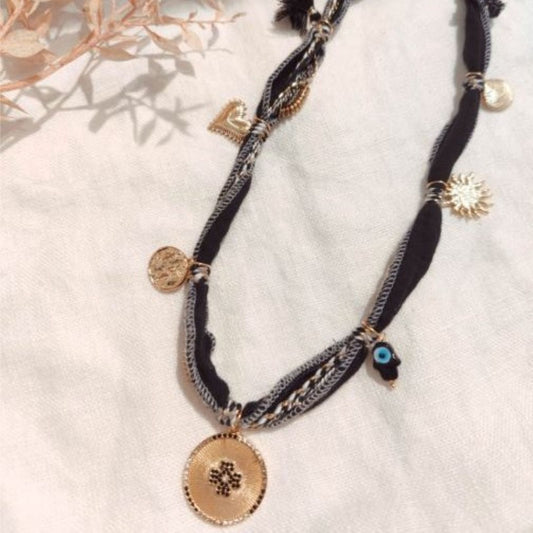 Necklace/Bracelet <br/> Gold Black Fabric Tassel