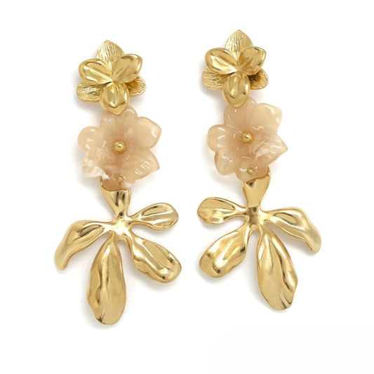 3D Gold Earrings <br/> Beige Flower