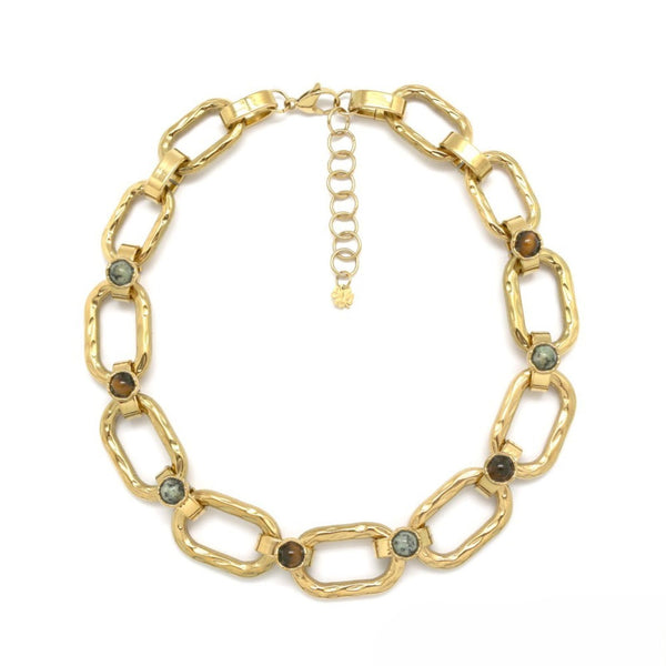 Gold Rectangular <br/> Link Chain <br/> Necklace with Stones