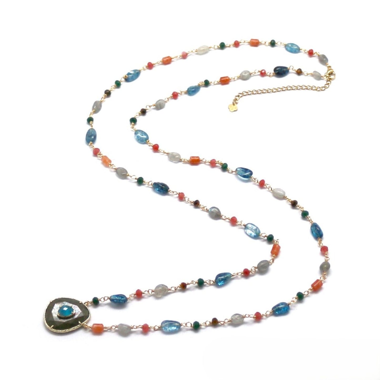 Long Chain Necklace <br/> w/ Multi-Stone Pyrite/Agate