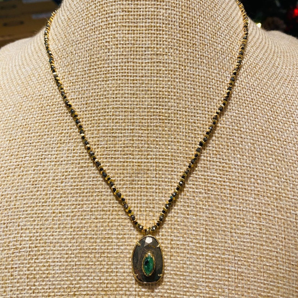 Beaded Wire Necklace <br/> w/ Water Drop  <br/> & Oval Stone-A