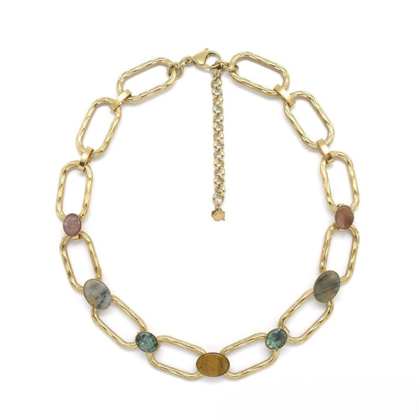 Oval Rectangular <br/> Link Chain Necklace <br/> Multistones