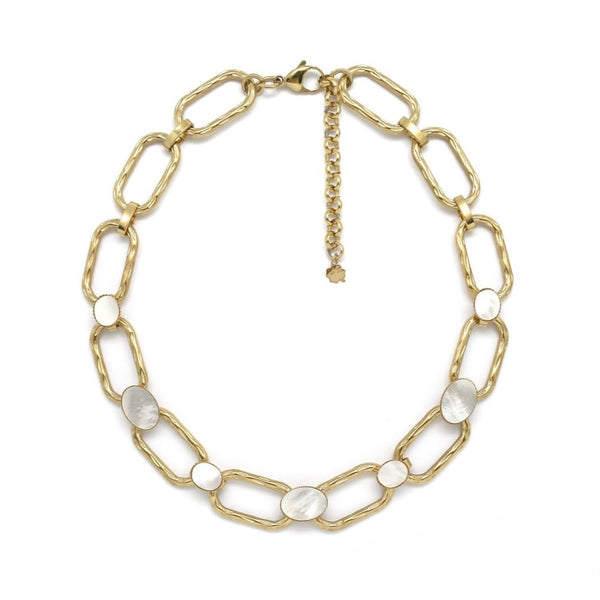Oval Rectangular <br/> Chain Necklace <br/> w/ Stones Nacre