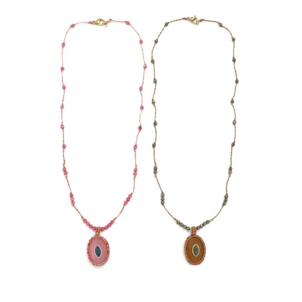 Beaded <br/> Wire Necklace <br/> with Oval Pendant - A