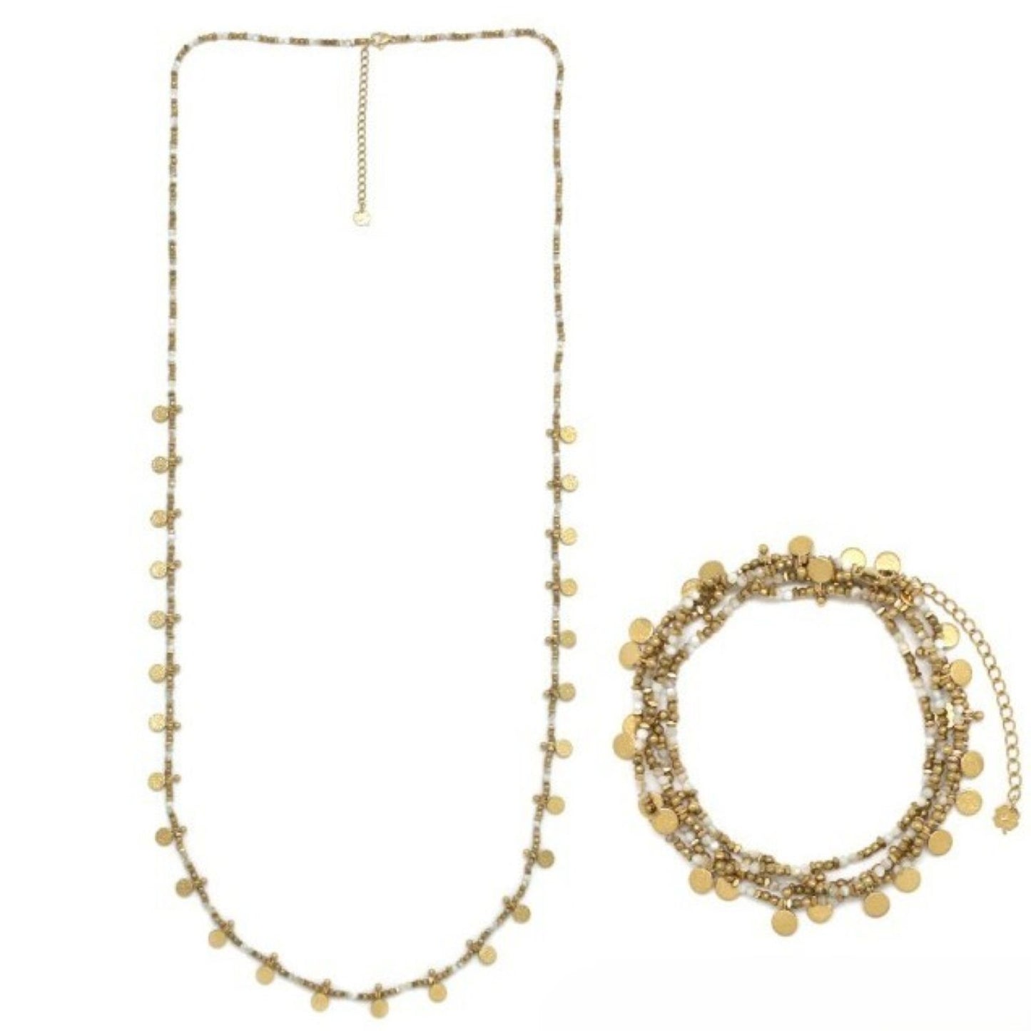 Gold-plated <br/> Hematite & Mother-of-Pearl <br/> Beaded Necklace