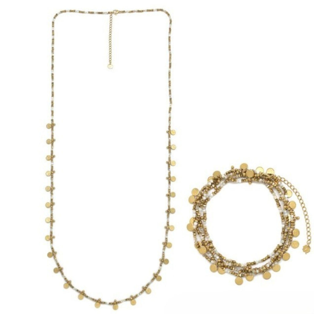 Gold-plated <br/> Hematite & Mother-of-Pearl <br/> Beaded Necklace