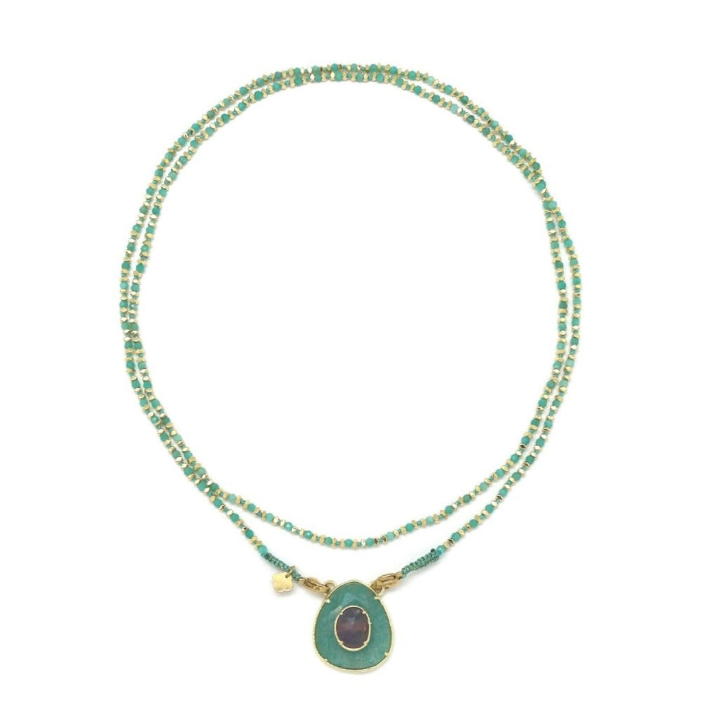 Gold-Plated <br/> Triangle Oval Fluorite <br/> Beaded Necklace