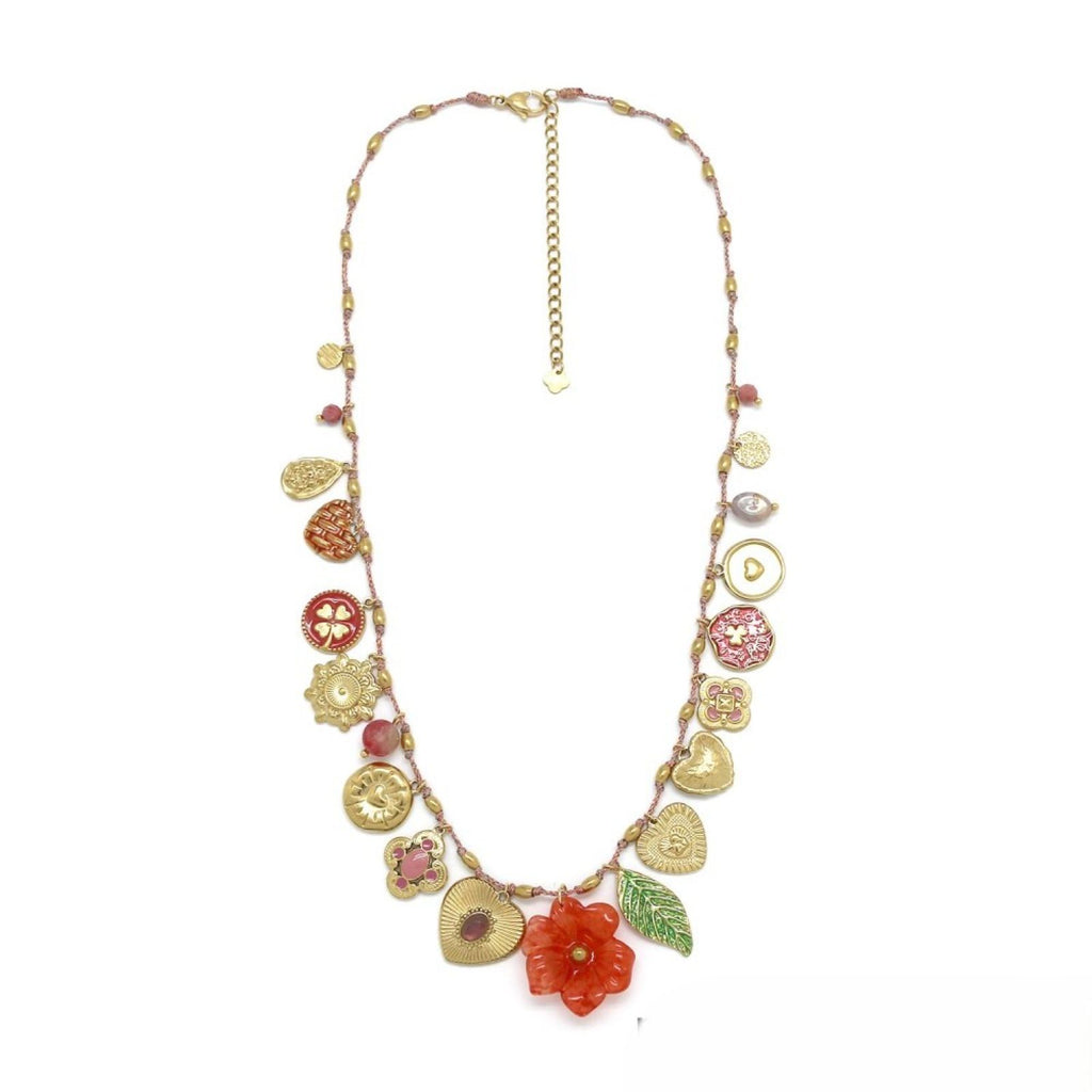 Red Resin Flower <br/> Tassel Thread <br/> Necklace