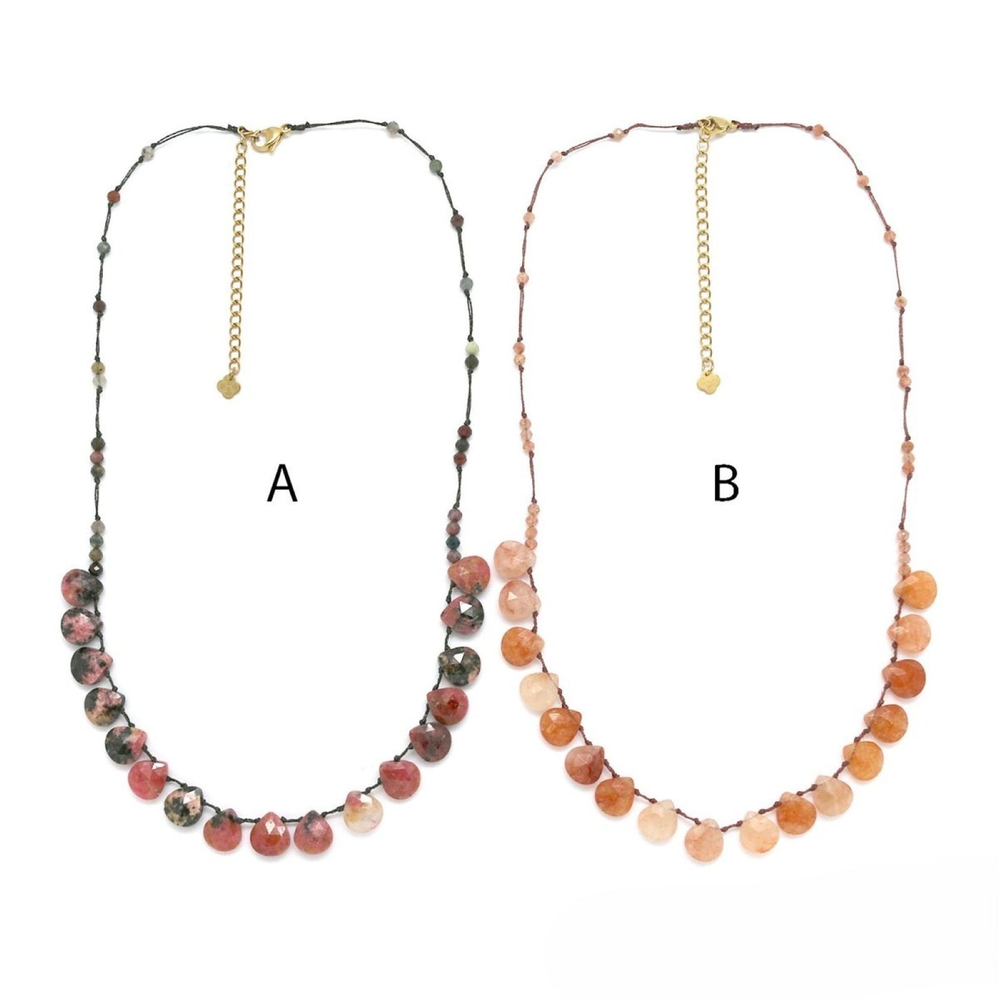 Rhodonite/Sunstone <br/> Beaded Necklace <br/> Water Drop - B