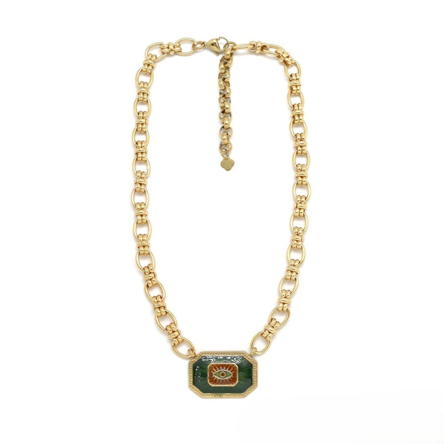 Large Oval Link Necklace <br/> w/ Plaques - Green Eye