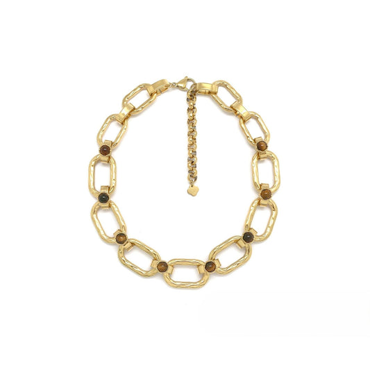 Gold Rectangular <br/> Link Chain Necklace <br/> Tiger's Eye