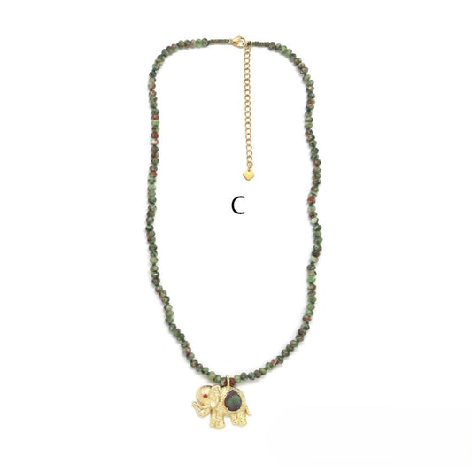 Washer-Style Necklace <br/> w/ Elephant Charm <br/> Ruby Zoisite