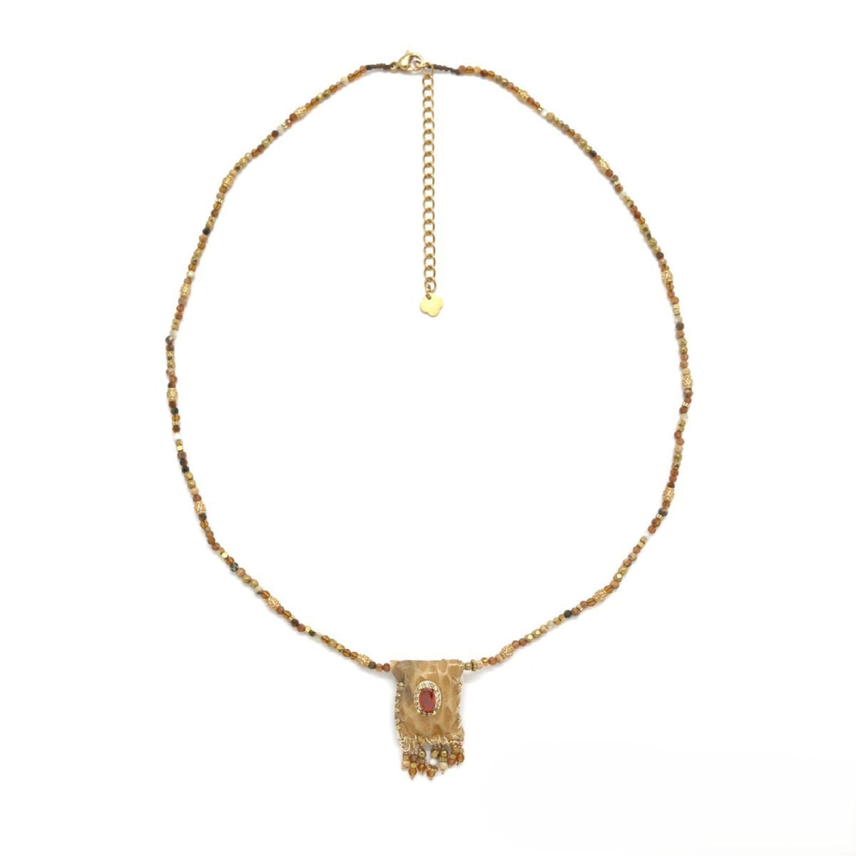 Multi-Stone Beaded Necklace <br/> Leather & Rhinestone Pendant Oval <br/> Caramel
