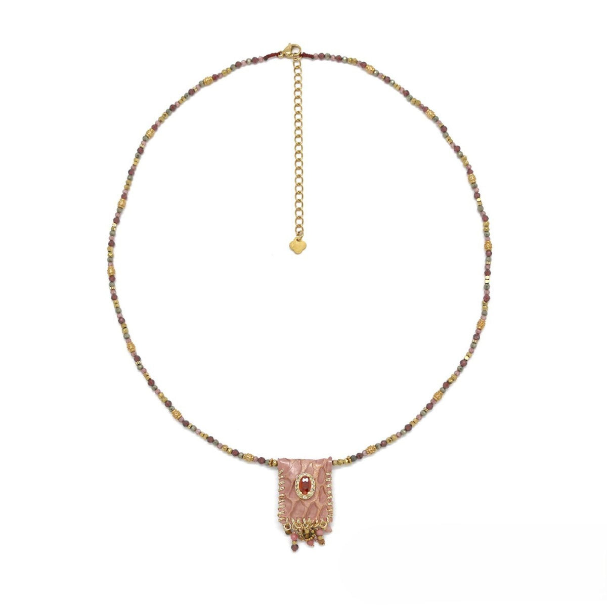 Multi-Stone Beaded Necklace <br/> Leather & Rhinestone Pendant Oval <br/> Rose