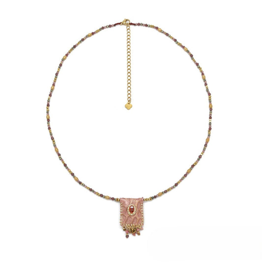 Multi-Stone Beaded Necklace <br/> Leather & Rhinestone Pendant Oval <br/> Rose