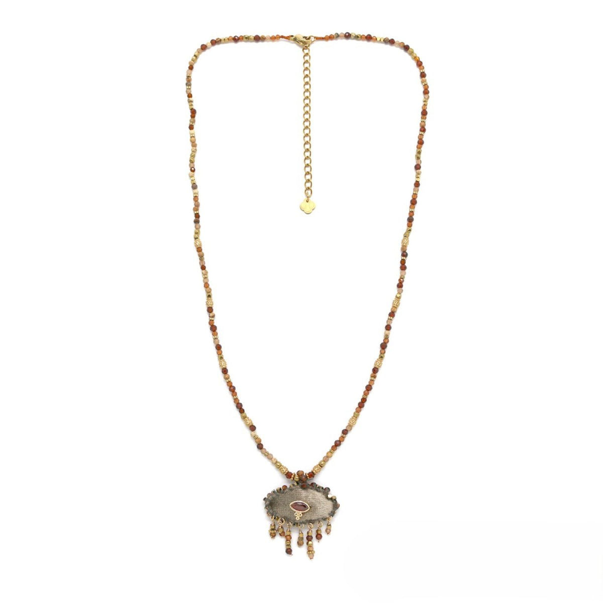 Multi-Stone Beaded Necklace <br/> Eye Pendant Sewn Onto the Hand <br/> Garnet Orange