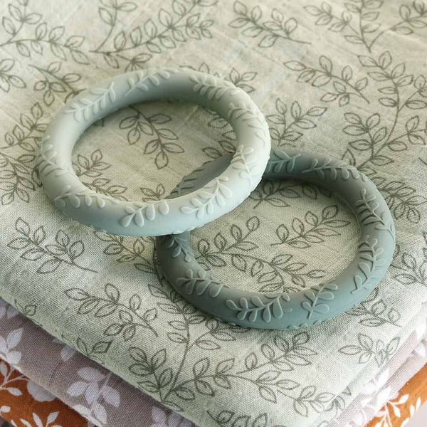 Leaves Sage designed silicone teething rings.