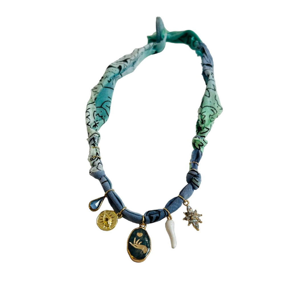 Bandana Necklace <br/> Tie Dye Blue Grey/Green <br/> Amulet Hand