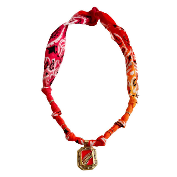 Bandana Necklace <br/> Tie Dye Orange/Cyclamen <br/> Square Medal Rainbow