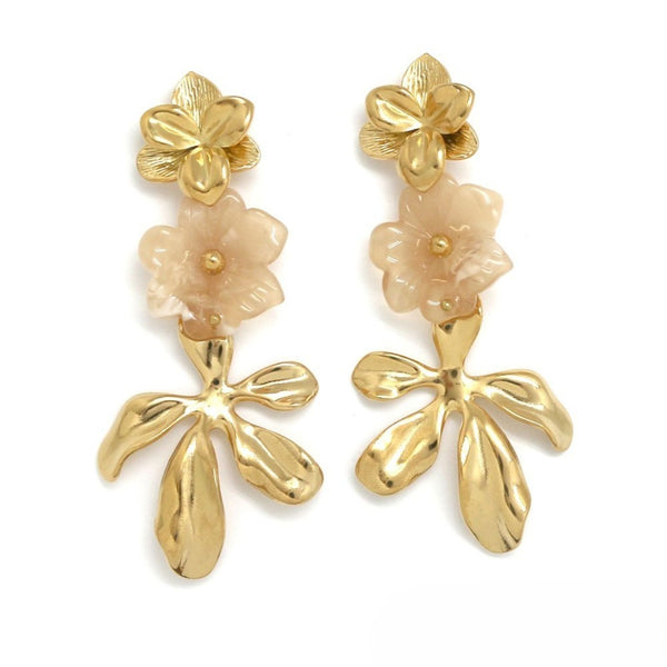 3D Gold Earrings <br/> Beige Flower