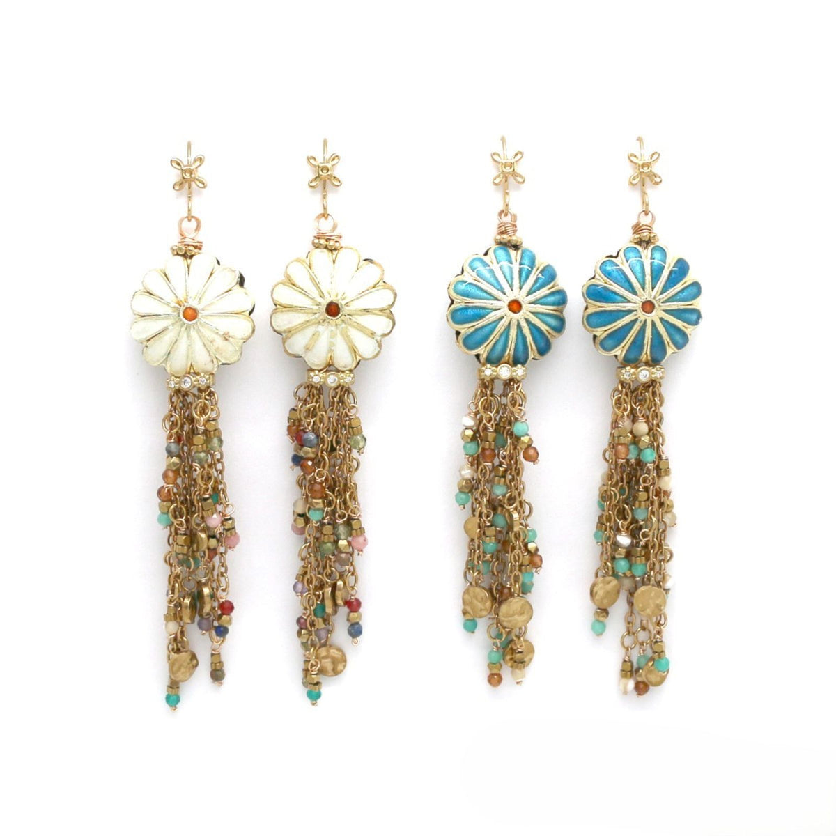 Earring Round Enamel Hook Cloisonné w/ Fringe-Blue