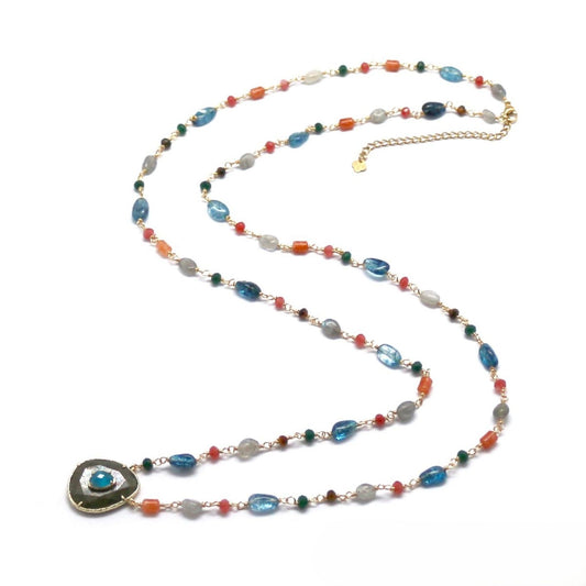 Long Chain Necklace <br/> w/ Multi-Stone Pyrite/Agate