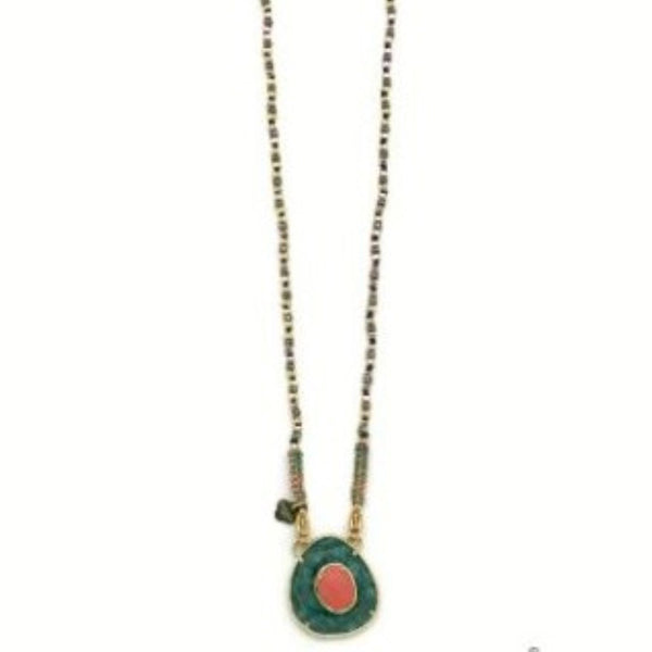 Turquoise <br/> Rhodonite Teardrop <br/> Pyrite Thread Necklace