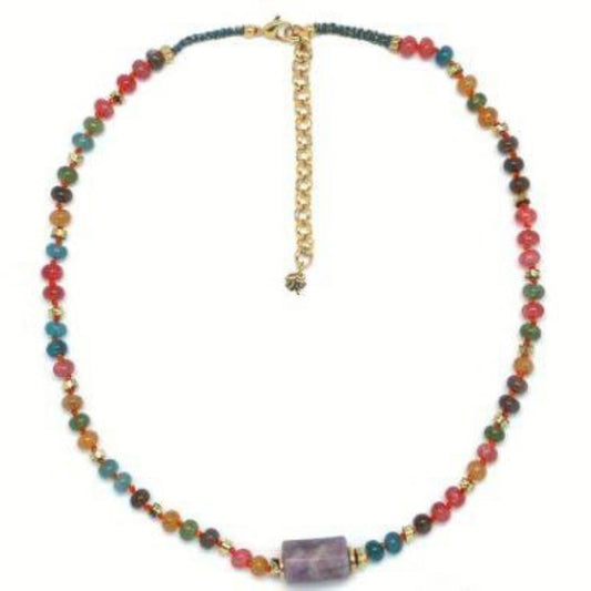 Amethyst Cylinder Ellipsoid <br/> Beaded Wire Necklace