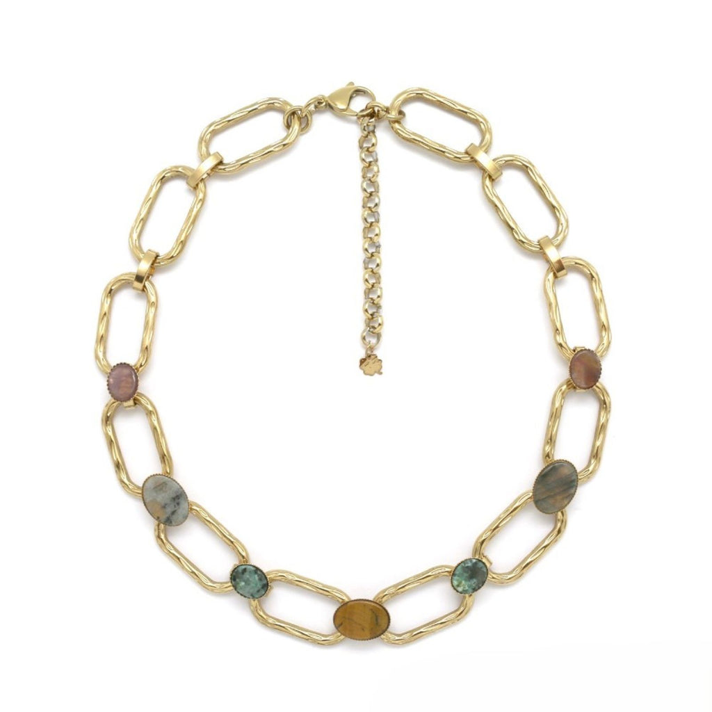 Oval Rectangular <br/> Link Chain Necklace <br/> Multistones