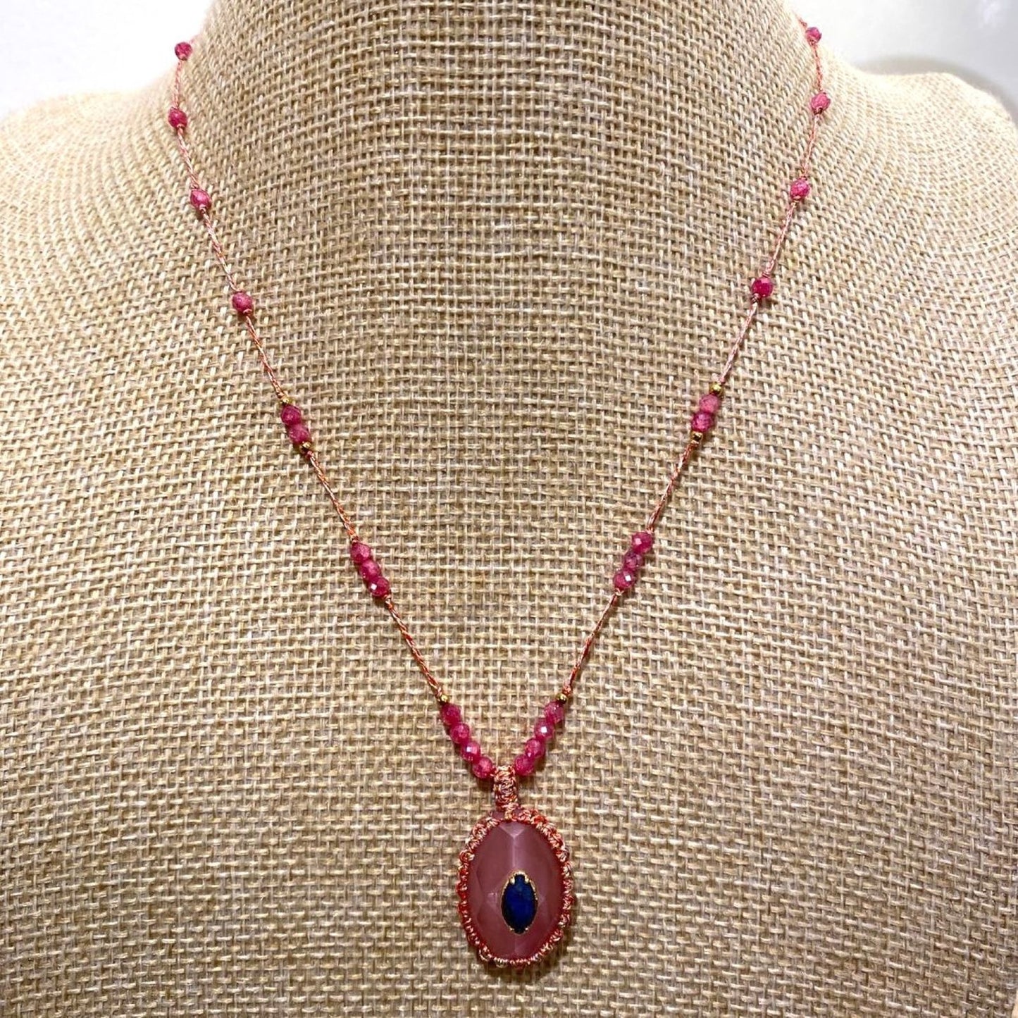 Beaded Wire Necklace <br/> with Oval Pendant - A