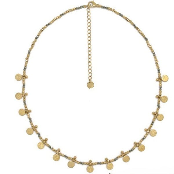 Hematite & Pyrite <br/> Beaded Gold Necklace <br/> w/15 Sequins