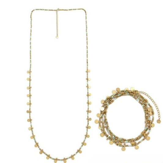 Gold-plated Hematite & Amazonite <br/> Beaded Necklace