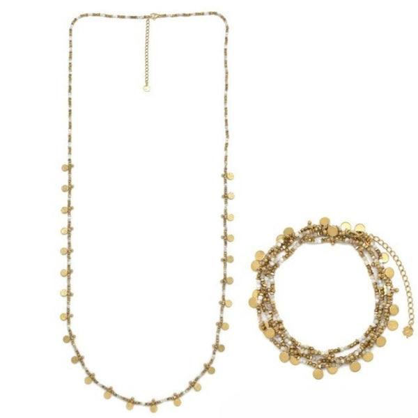 Gold-plated <br/> Hematite & Mother-of-Pearl <br/> Beaded Necklace