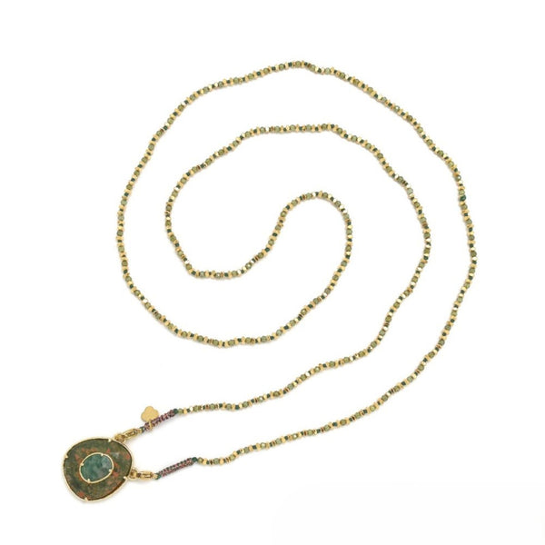 Green Zircon Necklace <br/>w/ Unakite Oval Agate Tree