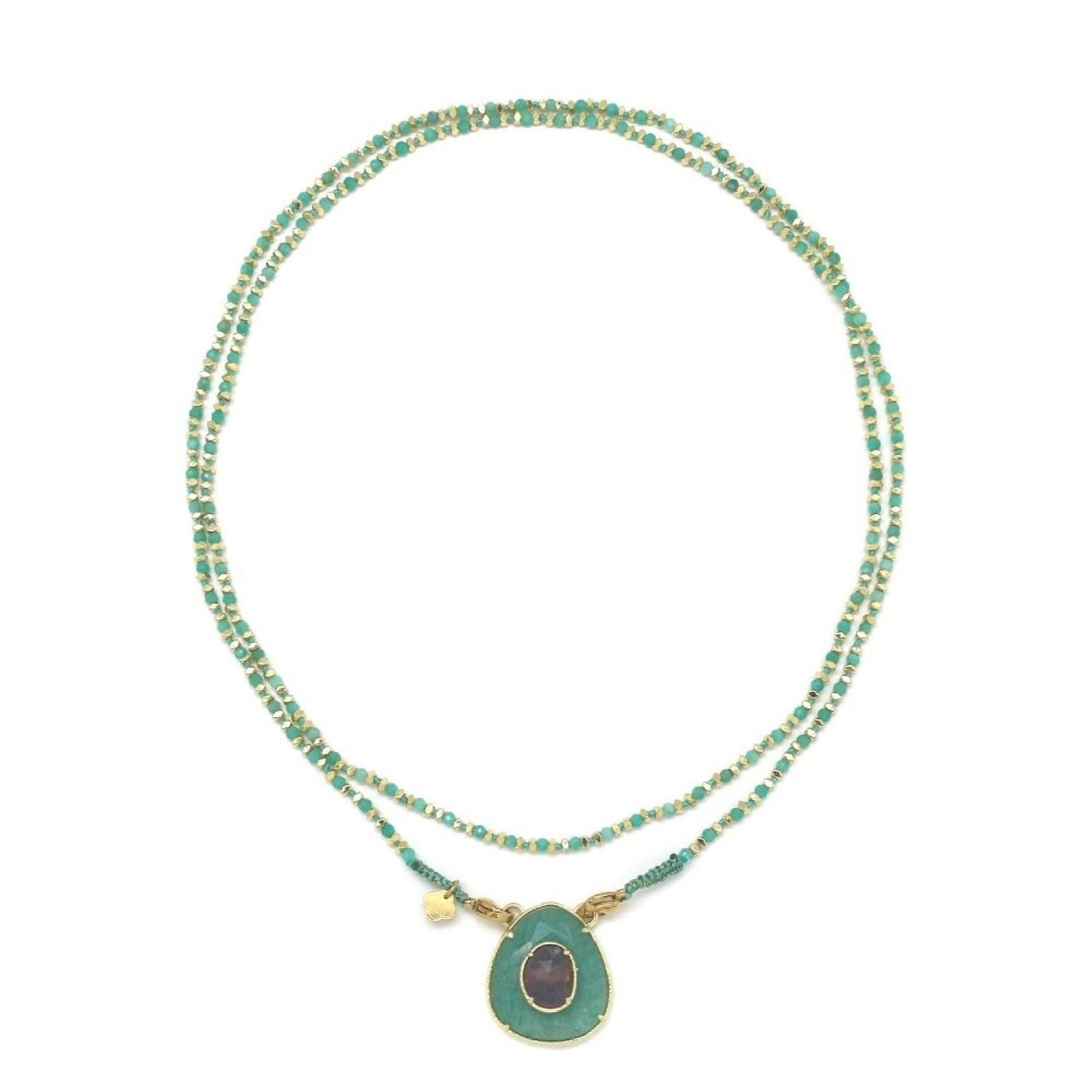 Gold-Plated <br/> Triangle Oval Fluorite <br/> Beaded Necklace