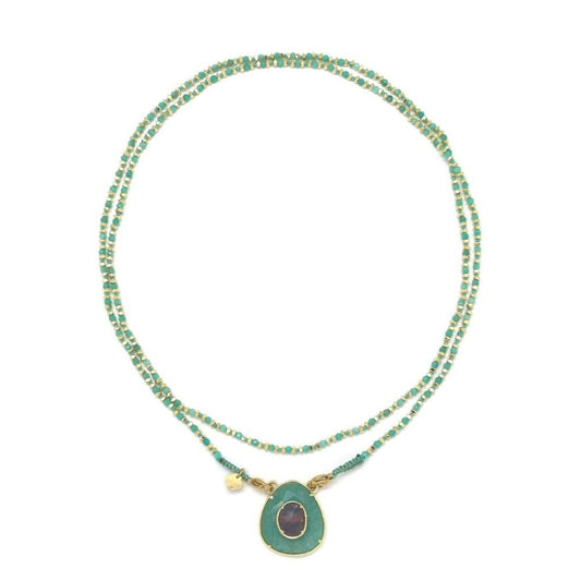 Gold-Plated <br/> Triangle Oval Fluorite <br/> Beaded Necklace