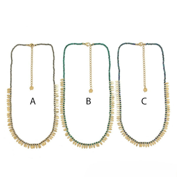 Pearl Necklace <br/> with Golden Lines and Stones - A