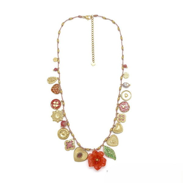 Red Resin Flower <br/> Tassel Thread <br/> Necklace