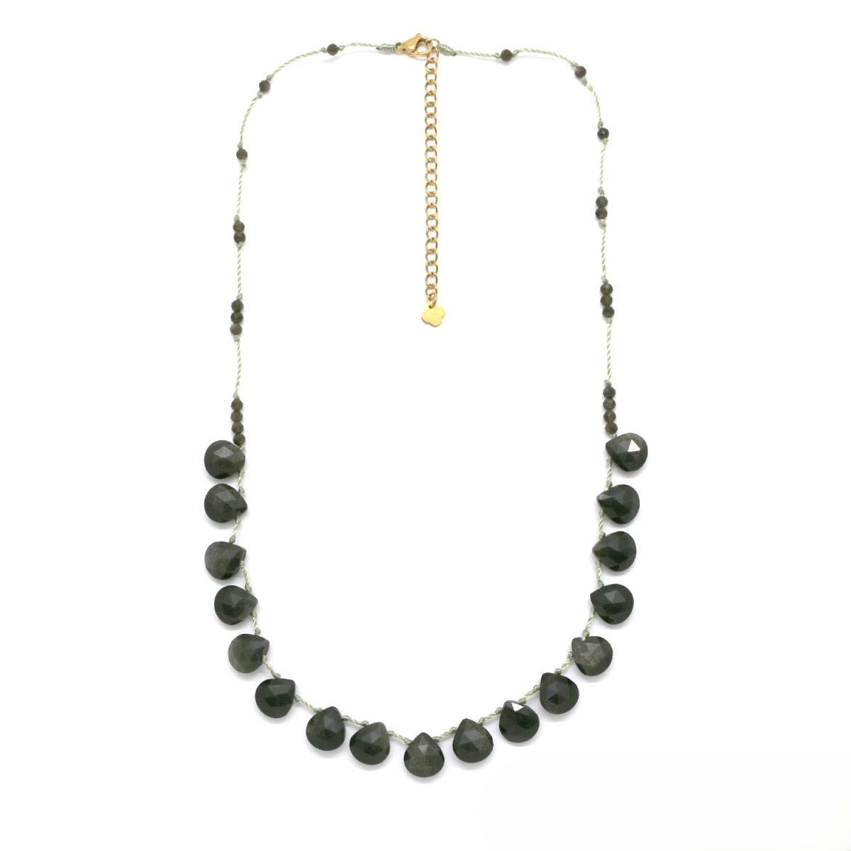 Beaded Chain Necklace <br/> w/ Teardrop Stones(Obsidian)