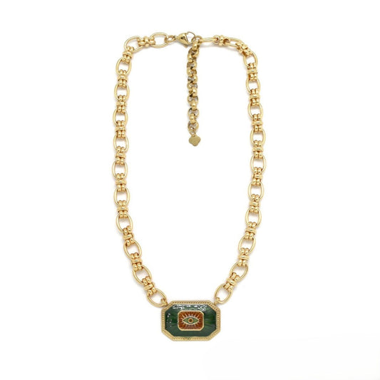 Large Oval Link Necklace <br/> w/ Plaques - Green Eye