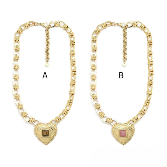 Chunky Oval Link Necklace <br/> w/ Hearts Rhodonite - B