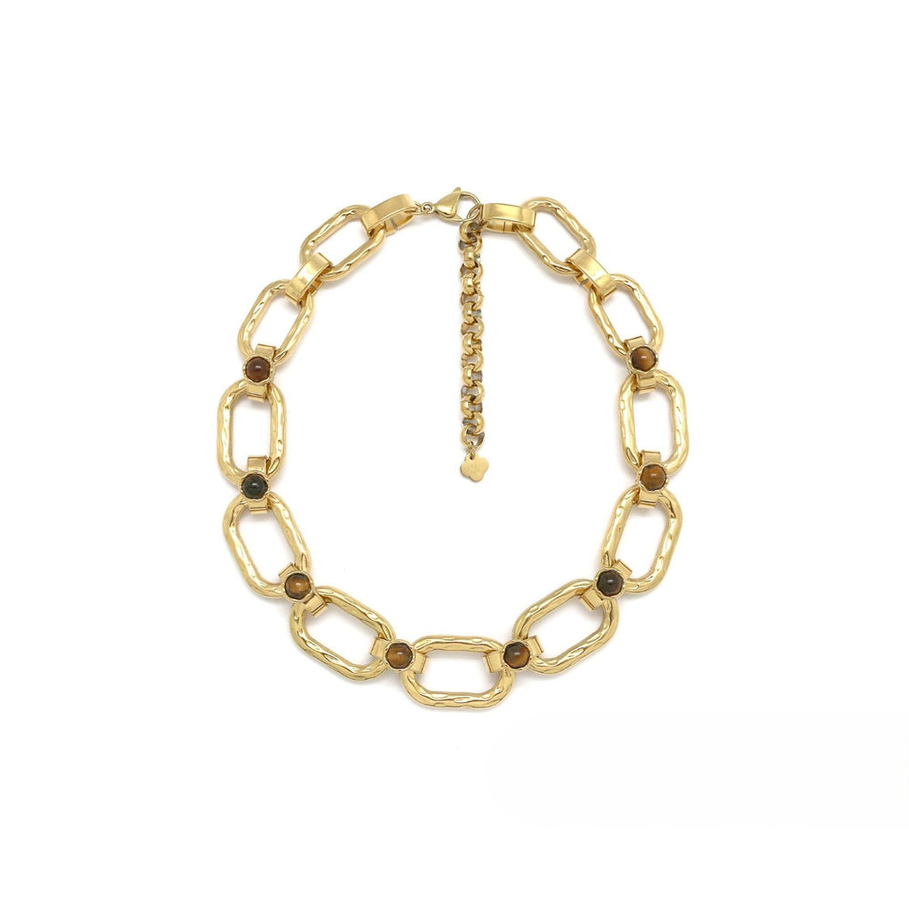 Gold Rectangular <br/> Link Chain Necklace <br/> Tiger's Eye