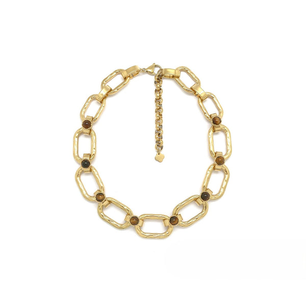 Gold Rectangular <br/> Link Chain Necklace <br/> Tiger's Eye