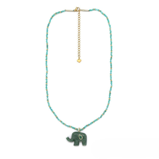 Single Stone Beaded Necklace <br/> Elephant Pendant Amazonite Verte
