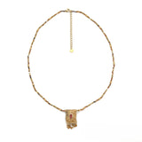 Multi-Stone Beaded Necklace <br/> Leather & Rhinestone Pendant Oval <br/> Caramel