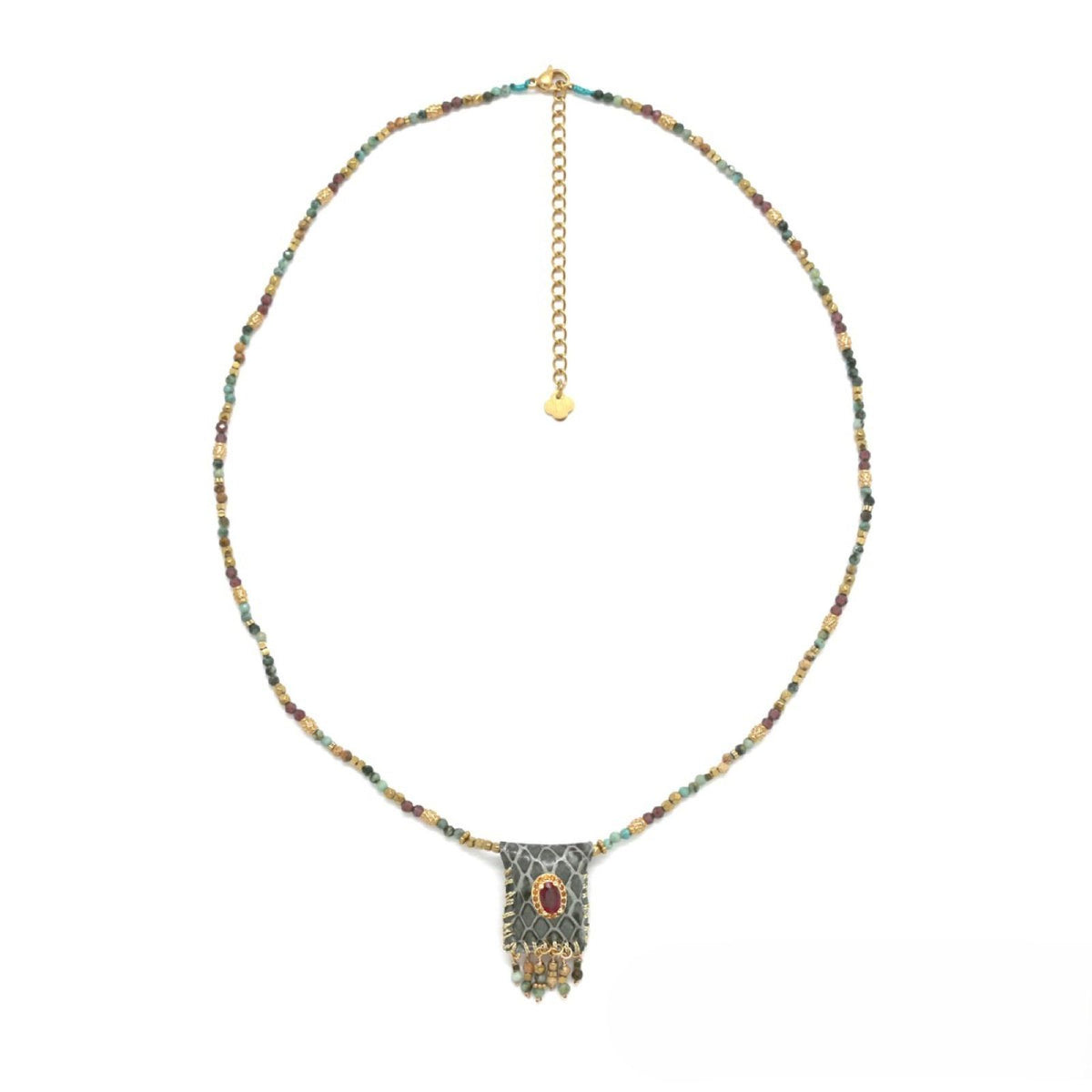 Multi-Stone Beaded Necklace <br/> Leather & Rhinestone Pendant Oval <br/> Khaki