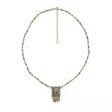 Multi-Stone Beaded Necklace <br/> Leather & Rhinestone Pendant Oval <br/> Khaki